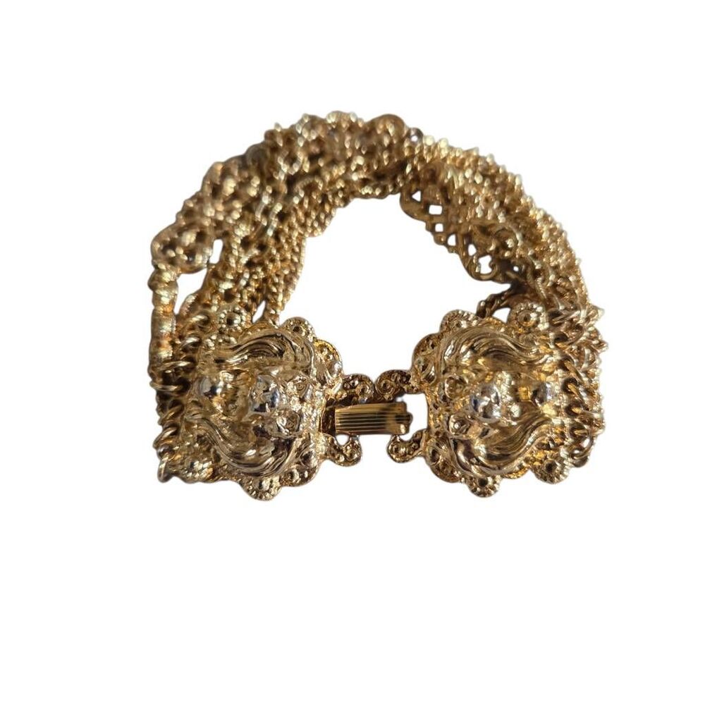 Vintage Baroque Lion Multi Strand Gold Tone Statement Bracelet